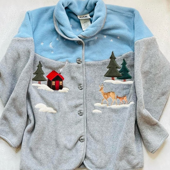 Northern Reflections Cozy Warm Blue Grey Fleece Jacket Embroidered Winter Cabin - Picture 3 of 8